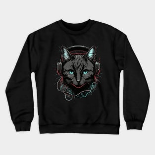 Cat in Headphones Funny Cat Gift Retro Vintage Funny Cat Crewneck Sweatshirt